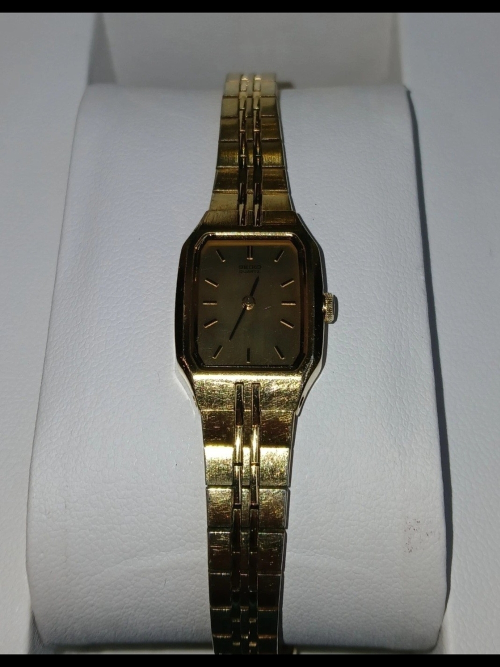 Seiko Quartz Women's Gold Tone Rectangle Dress Watch Gold Dial Metal Bracelet